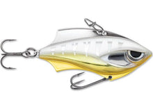 Load image into Gallery viewer, The Rap-V Blade albino chrome tiger lure is the perfect balance of metal and plastic.  This hard bait produces instant vibration on the lift or retrieve.  The Rap-V lure can be worked in variable depths with a wide-range of techniques; cast out, make contact with bottom, lift & let fall in a yo-yo style retrieve.  For vertical presentation there is two line tie positions; front line tie for a slower fall swimming action, rear line tie for a faster fall, head down action.