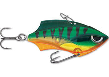 Load image into Gallery viewer, The Rap-V Blade firetiger lure is the perfect balance of metal and plastic. This hard bait produces instant vibration on the lift or retrieve. The Rap-V lure can be worked in variable depths with a wide-range of techniques; cast out, make contact with bottom, lift & let fall in a yo-yo style retrieve. For vertical presentation there is two line tie positions; front line tie for a slower fall swimming action, rear line tie for a faster fall, head down action.