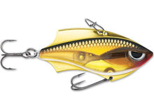 Load image into Gallery viewer, The Rap-V Blade gold lure is the perfect balance of metal and plastic. This hard bait produces instant vibration on the lift or retrieve. The Rap-V lure can be worked in variable depths with a wide-range of techniques; cast out, make contact with bottom, lift & let fall in a yo-yo style retrieve. For vertical presentation there is two line tie positions; front line tie for a slower fall swimming action, rear line tie for a faster fall, head down action.