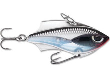 Load image into Gallery viewer, The Rap-V Blade silver lure is the perfect balance of metal and plastic. This hard bait produces instant vibration on the lift or retrieve. The Rap-V lure can be worked in variable depths with a wide-range of techniques; cast out, make contact with bottom, lift & let fall in a yo-yo style retrieve. For vertical presentation there is two line tie positions; front line tie for a slower fall swimming action, rear line tie for a faster fall, head down action.