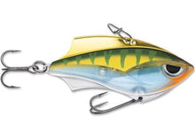 Load image into Gallery viewer, The Rap-V Blade yellow perch lure is the perfect balance of metal and plastic. This hard bait produces instant vibration on the lift or retrieve. The Rap-V lure can be worked in variable depths with a wide-range of techniques; cast out, make contact with bottom, lift & let fall in a yo-yo style retrieve. For vertical presentation there is two line tie positions; front line tie for a slower fall swimming action, rear line tie for a faster fall, head down action.