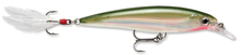 Load image into Gallery viewer, Rapala xrap olive green suspending jerk bait.  Featuring 3D holographic eyes, VMC hooks and a flash feathered treble hook teaser tail