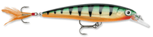 Load image into Gallery viewer, Rapala xrap perch suspending jerk bait.  Featuring 3D holographic eyes, VMC hooks and a flash feathered treble hook teaser tail