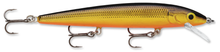 Load image into Gallery viewer, Rapala husky jerk gold. Featuring suspending/neutral buoyancy with long casting ability.  It has loud rattles and runs straight. You can cast or troll. Features premium VMC® black nickel hooks three superior finish styles hand tuned &amp; tank tested
