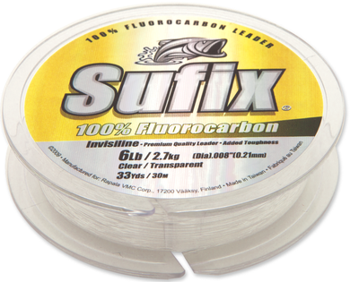 Sufix 100% Fluorocarbon Invisiline™Leaders has ultra-low visibility and superior strength and handling. Crystal clear 100% fluorocarbon leader that is virtually invisible in water. With incredible shock absorption, high tensile and knot strength and superior abrasion resistance.