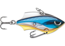 Load image into Gallery viewer, The Rap-V Blade blue ghost lure is the perfect balance of metal and plastic. This hard bait produces instant vibration on the lift or retrieve. The Rap-V lure can be worked in variable depths with a wide-range of techniques; cast out, make contact with bottom, lift &amp; let fall in a yo-yo style retrieve. For vertical presentation there is two line tie positions; front line tie for a slower fall swimming action, rear line tie for a faster fall, head down action.
