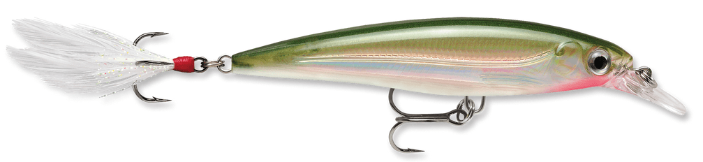 Rapala xrap olive green suspending jerk bait.  Featuring 3D holographic eyes, VMC hooks and a flash feathered treble hook teaser tail